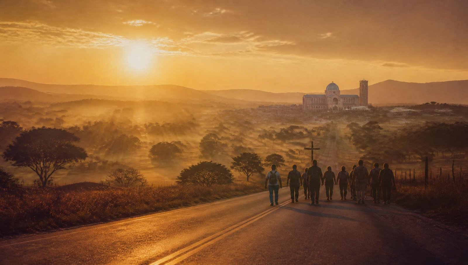 Romeiros caminhando ao amanhecer rumo à Basílica de Nossa Senhora Aparecida